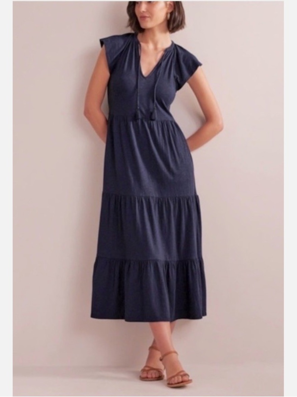 Boden Navy Tassel Trim Jersey Tiered Maxi Dress Size 10